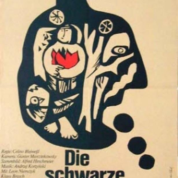 Plakat für den Film „Die schwarze Mühle“ mit einer stilisierten Darstellung einer Mühle in Form eines Gesichts.
