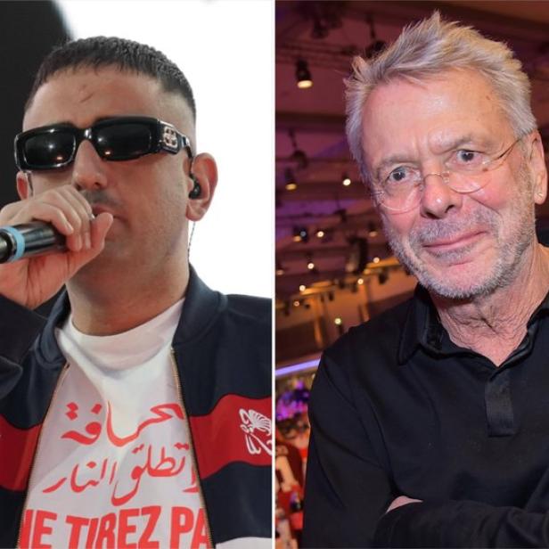 Rapper Haftbefehl mit Mikro und Porträtfoto von Reinhard Mey