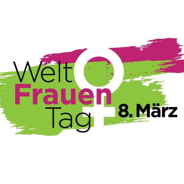 Schriftzug, Datum 8. März und Weiblichkeitssymol vor gelbem Hinterrgrund