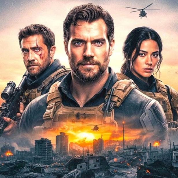 Jake Gyllenhaal, Henry Cavill und Eiza González auf Filmplakat mit Explosionen im Hintergrund