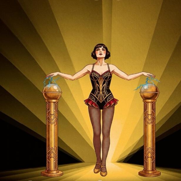 Frau in spärlicher Bekleidung legt ihre Hände auf elektrische Säulen