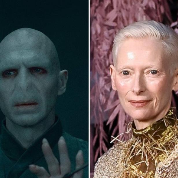 Ralph Fiennes in seiner Bösewichtsrolle und Porträtfoto von Tilda Swinton