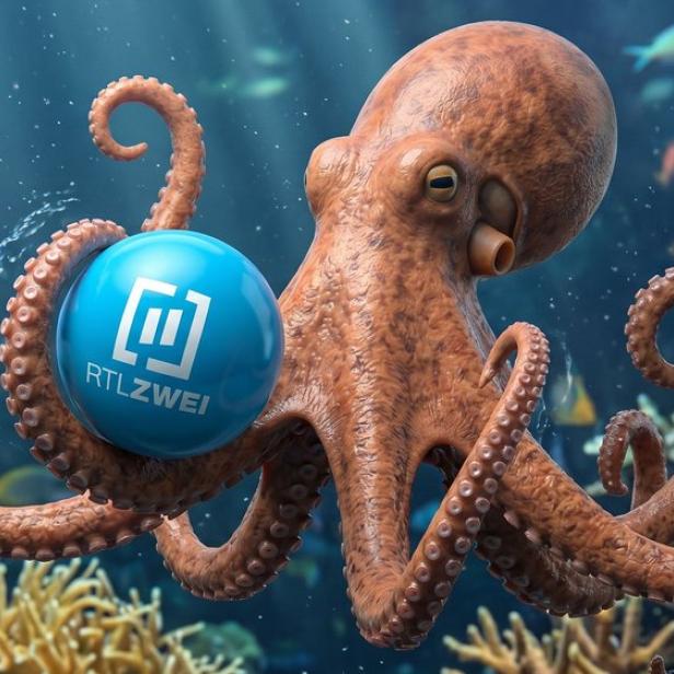 Ein Krake hält in seinen Tentakeln eine blaue Kugel mit dem Logo von RTLZWEI vor einer Korallenriff-Kulisse.