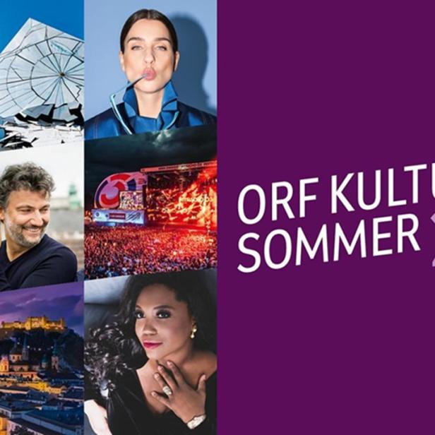 Eine Collage zeigt verschiedene Künstler und Veranstaltungsorte vor dem violetten Schriftzug „ORF KULTUR SOMMER 2026“.