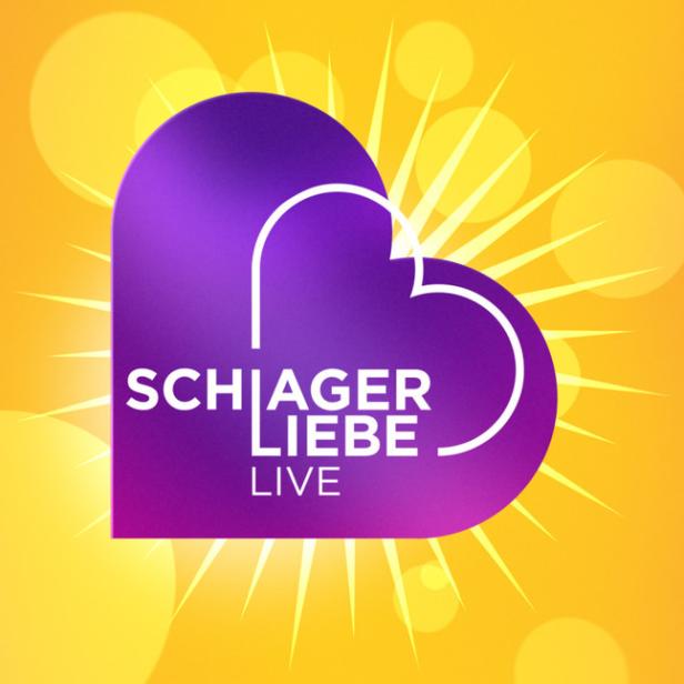 Ein violettes Herz mit dem Schriftzug „SCHLAGER LIEBE LIVE“ vor einem strahlenden, gelb-orangen Hintergrund.