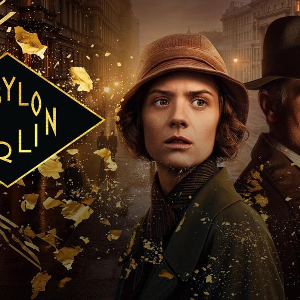Charlotte Ritter und Gereon Rath vor einer nächtlichen Berliner Kulisse im Stil der Serie Babylon Berlin.