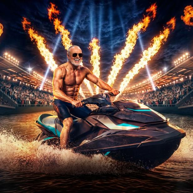 Ein muskulöser Stefan Raab mit Sonnenbrille fährt auf einem Jetski durch ein beleuchtetes Stadion, während im Hintergrund Flammen in den Nachthimmel schießen.