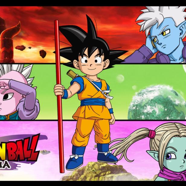 Son Goku mit seinem Stab steht im Zentrum, umgeben von Charakteren aus Dragon Ball Daima vor verschiedenen farbigen Hintergründen.