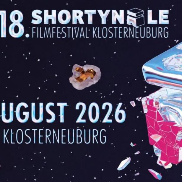 Plakat zum 18. Shortynale Filmfestival Klosterneuburg mit Datum 18.–22. August 2026 und glitzernder 3D-Grafik.
