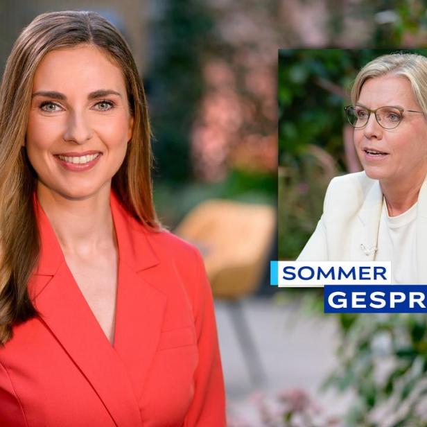 Eine Moderatorin in rotem Blazer vor einer eingeblendeten Politikerin mit Brille und weißem Blazer unter dem Schriftzug „Sommergespräche 26“.