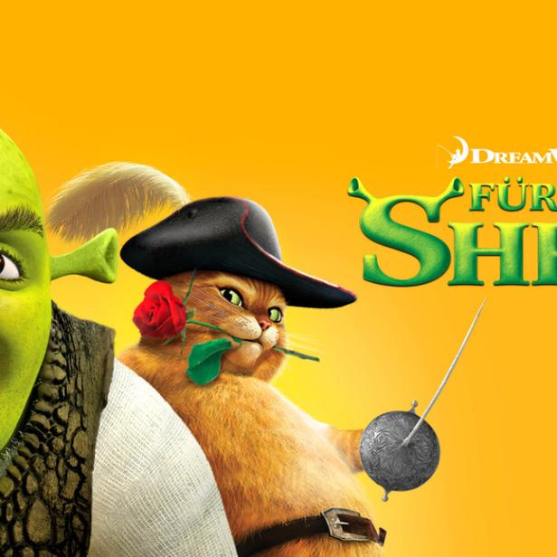 Shrek und der Gestiefelte Kater vor einem gelben Hintergrund mit dem DreamWorks-Logo und dem Schriftzug „Für immer Shrek“.