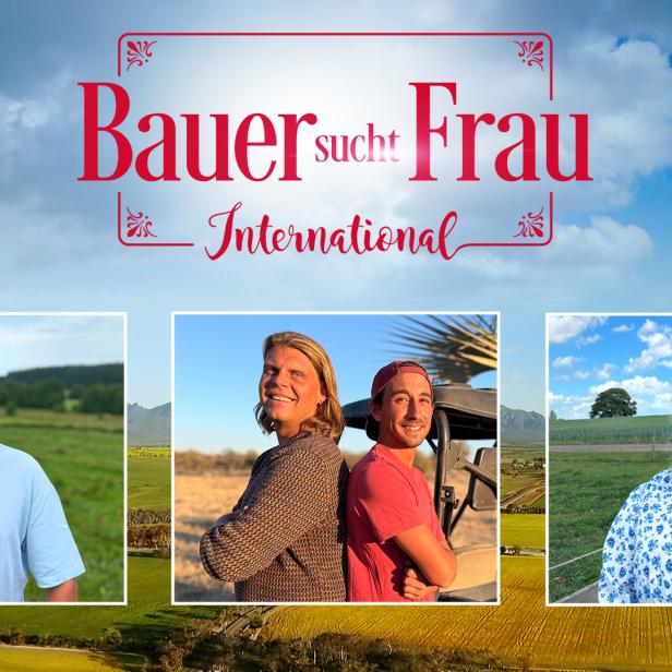 Werbegrafik mit dem Titel „Bauer sucht Frau International“ und drei porträtierten Personen vor ländlicher Kulisse.