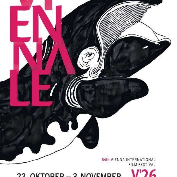 Plakat der Viennale 2026 mit einer abstrakten, schwarzen Kreatur und dem Schriftzug des Filmfestivals vor weißem Hintergrund.