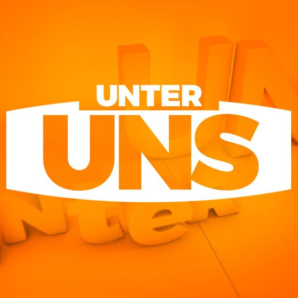 Das Logo der Fernsehserie „Unter uns“ in weißer Schrift auf einem orangefarbenen Hintergrund.
