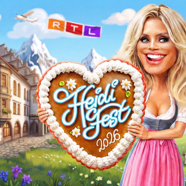 Eine karikierte Heidi Klum im Dirndl hält vor einer Alpenkulisse mit RTL-Flugzeug ein Lebkuchenherz mit der Aufschrift „Heidi Fest 2026“.