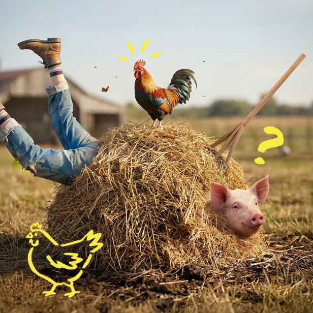 Eine Person steckt mit dem Kopf im Heuhaufen, während ein Hahn daraufkräht und ein Schwein daneben hervorschaut.